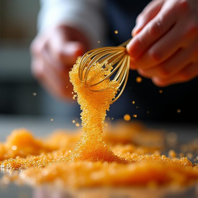 Artisan confectioner performing spun sugar techniques in a modern kitchen